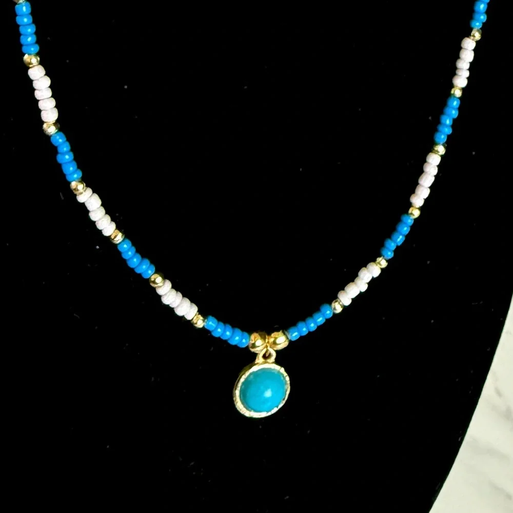 Blue and White Beaded Necklace with Gold Accents Girls Jewelry Kids Girls Boys